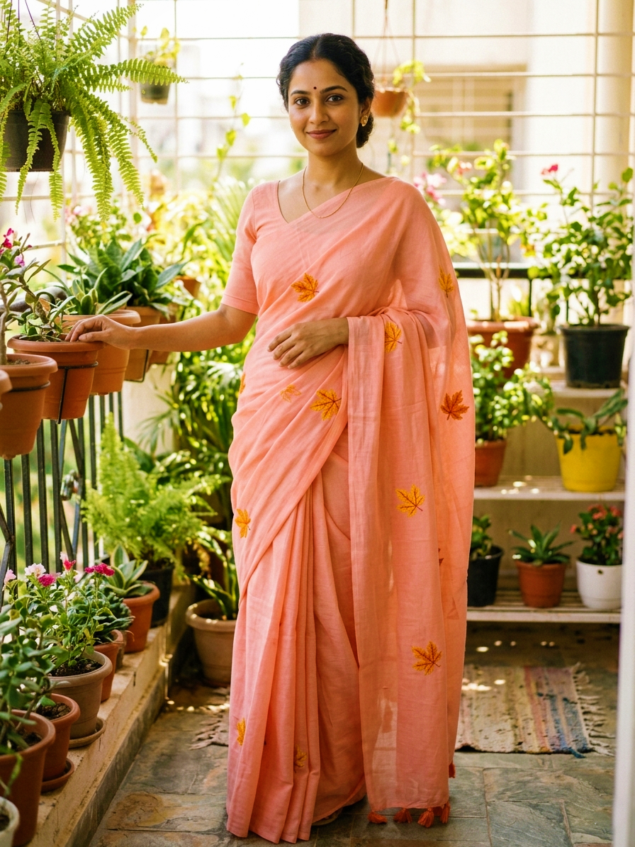 Mul Cotton Peach Saree - Image 3