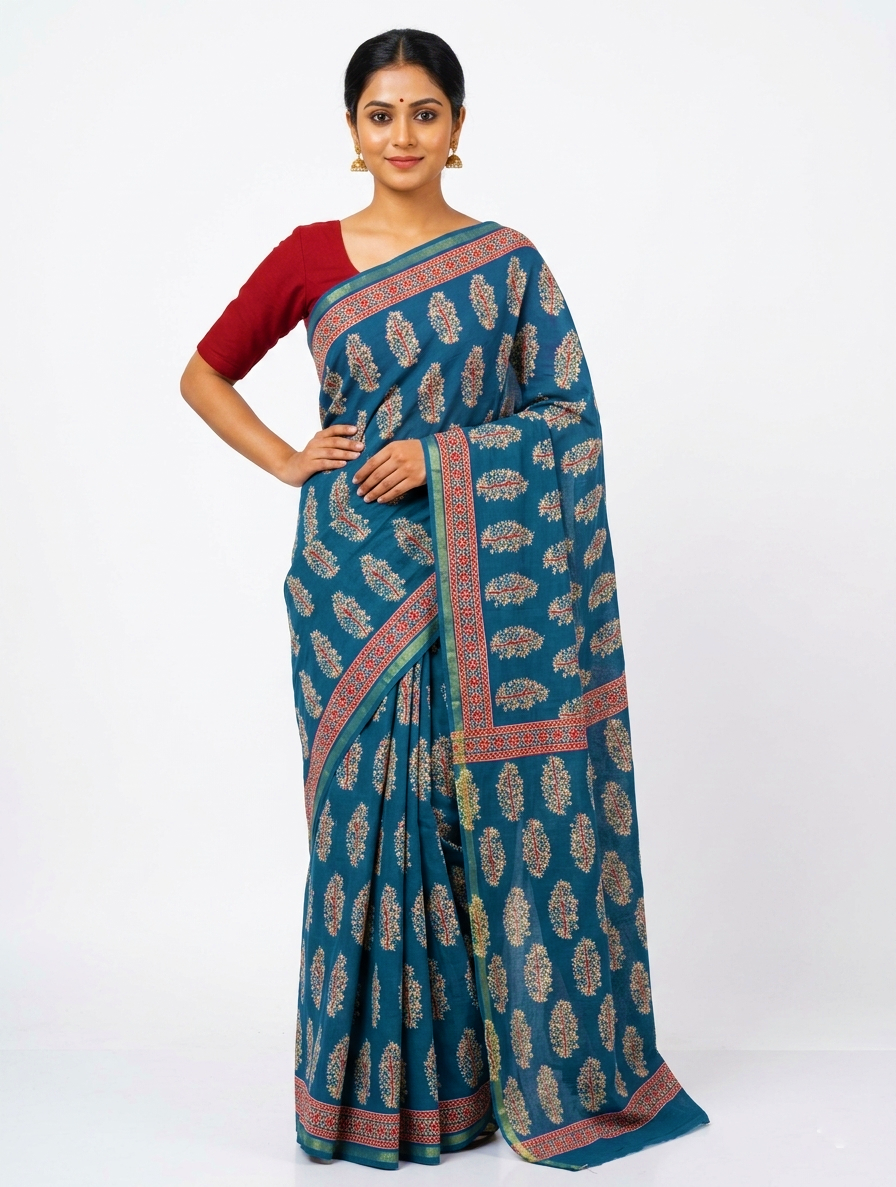 Mul Cotton Teal Blue Saree