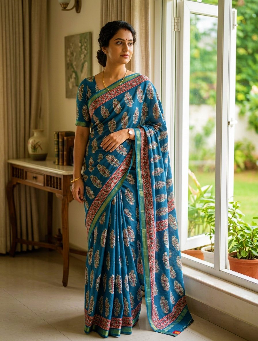 Mul Cotton Teal Blue Saree