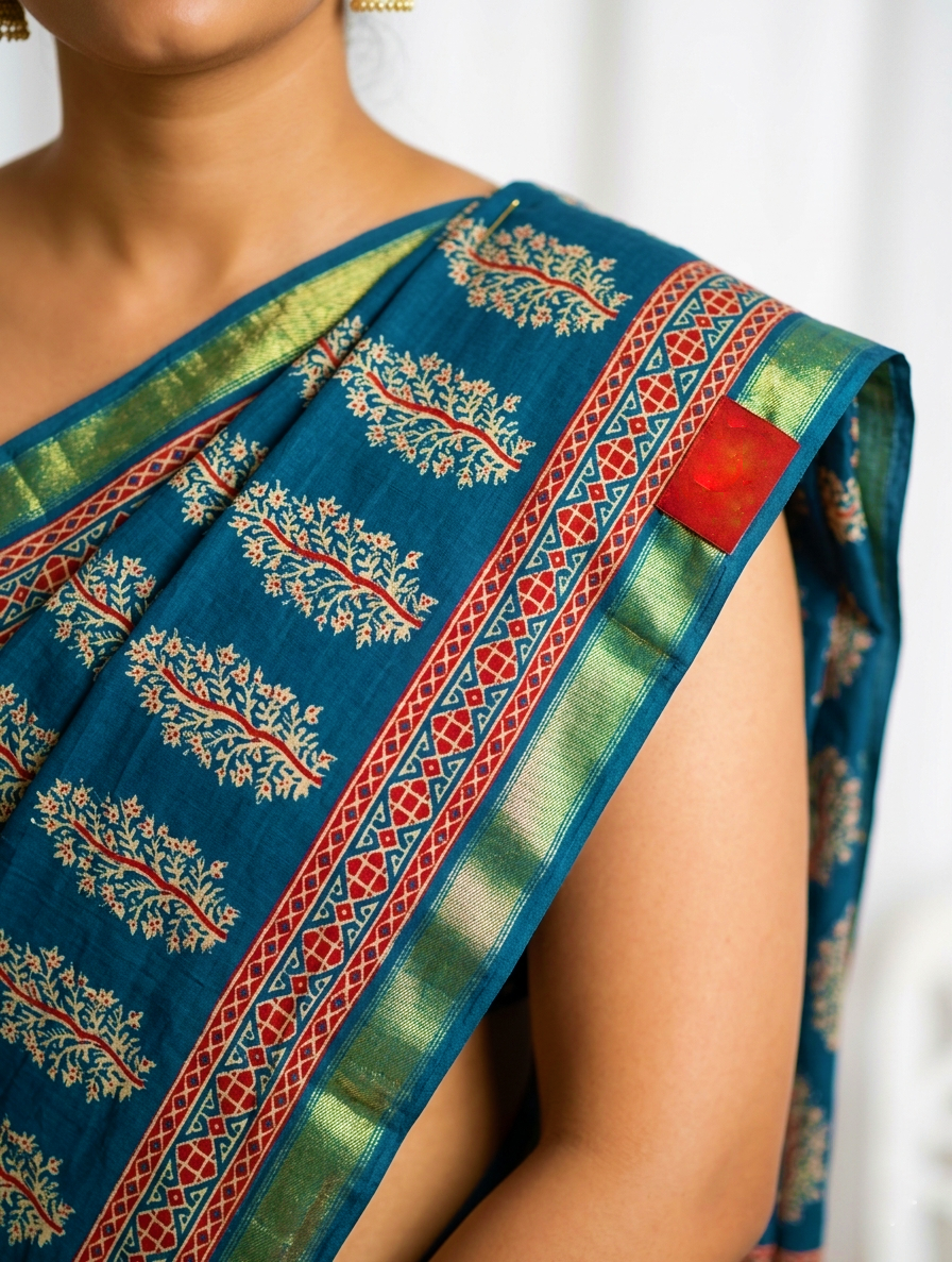 Mul Cotton Teal Blue Saree