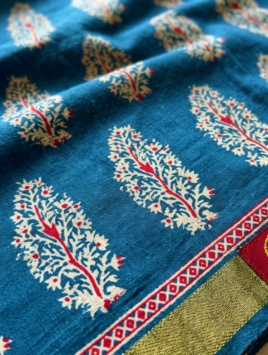 Mul Cotton Teal Blue Saree