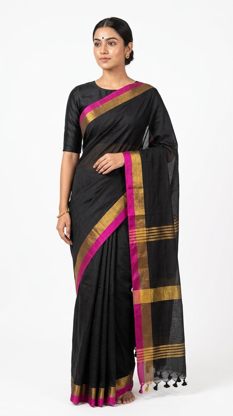 Mul Cotton Black Saree