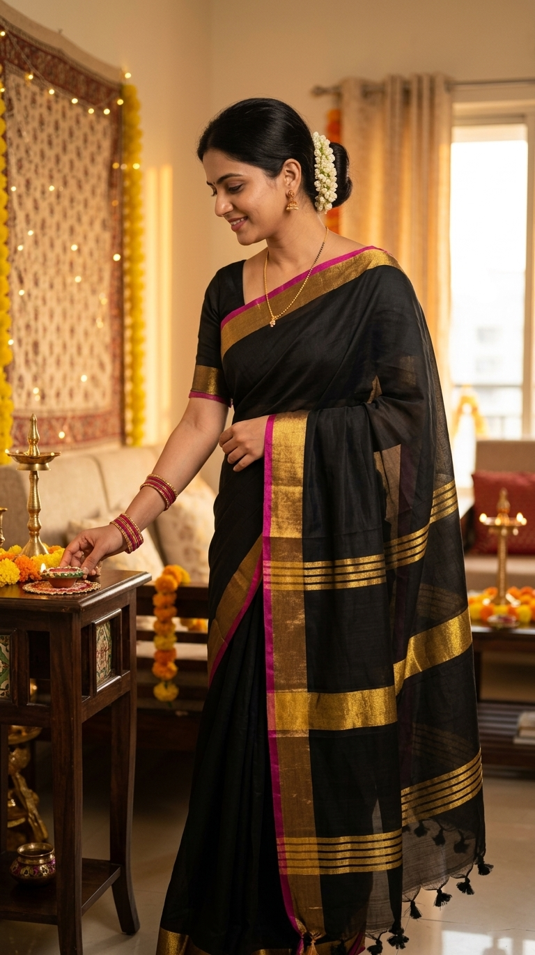 Mul Cotton Black Saree