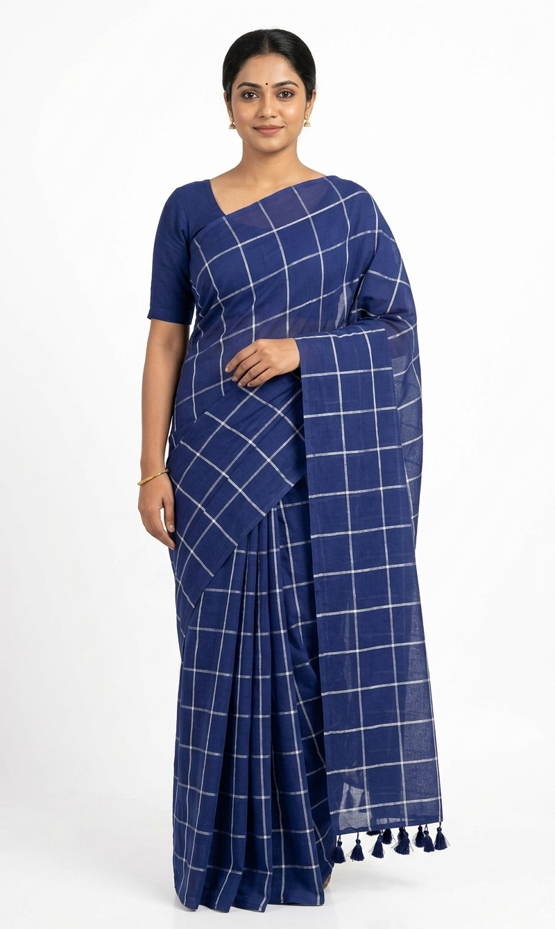 Mul Cotton Navy Blue Checked Saree