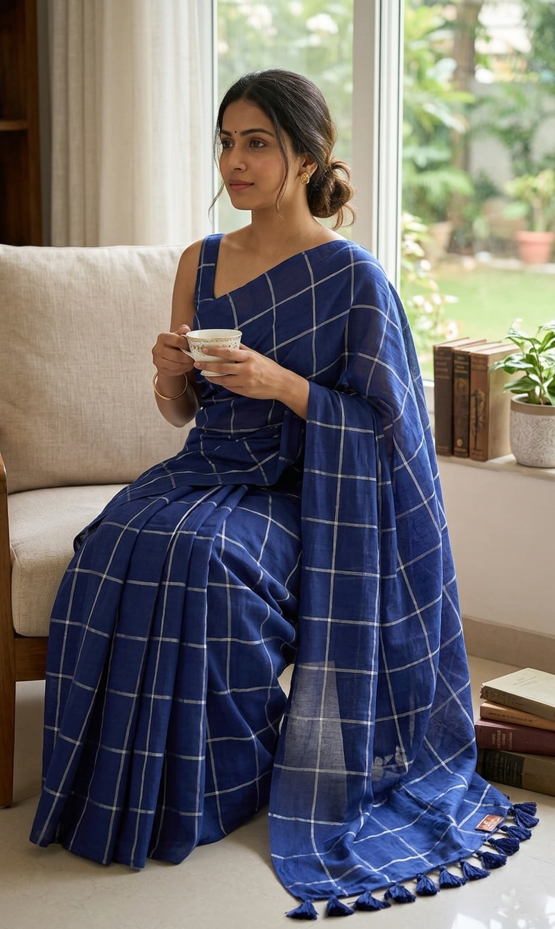 Mul Cotton Navy Blue Checked Saree