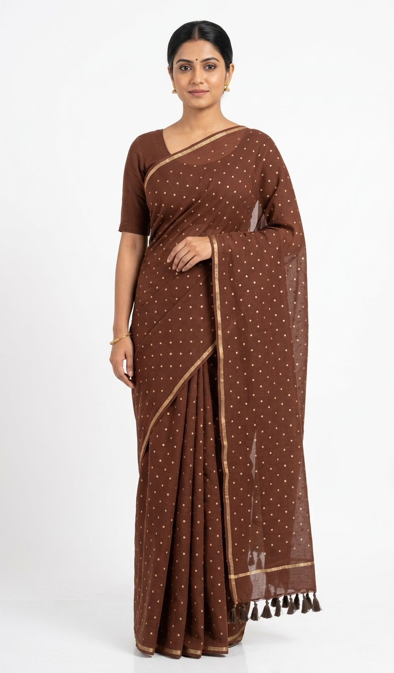 Mul Cotton Brown Polka Dot Saree