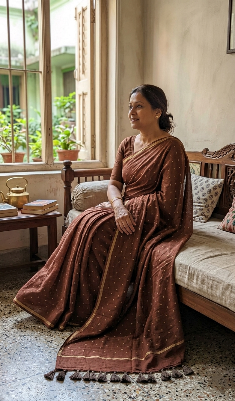 Mul Cotton Brown Polka Dot Saree