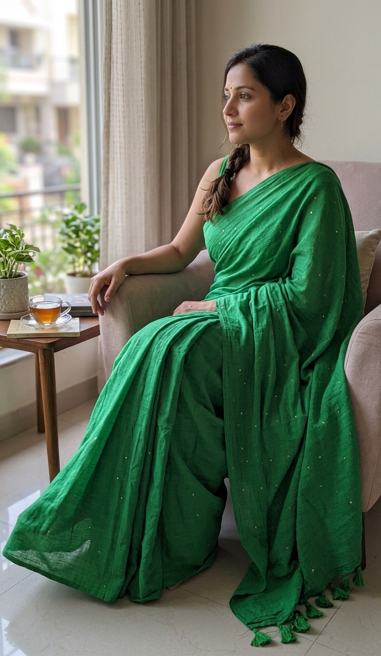 Mul Cotton Green Buti Saree
