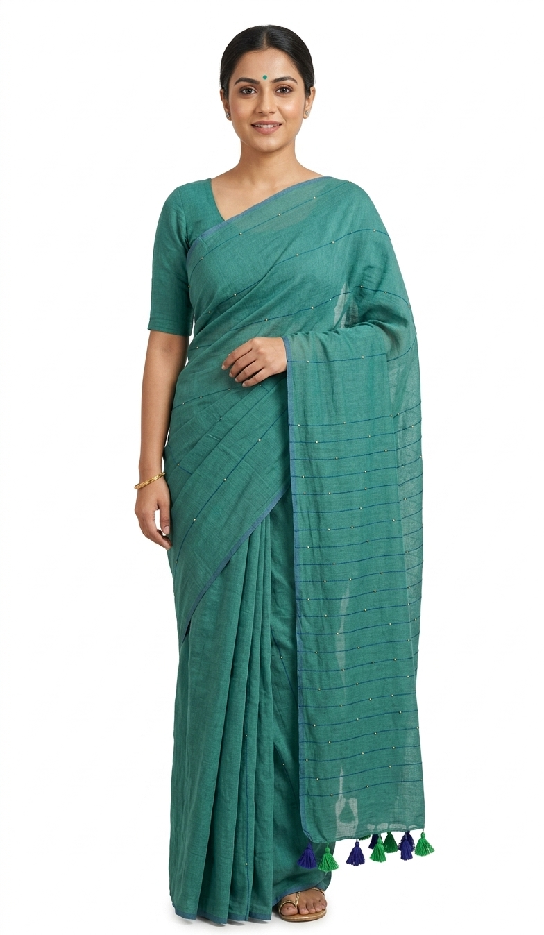 Mul Cotton Teal Green Line Buti Saree