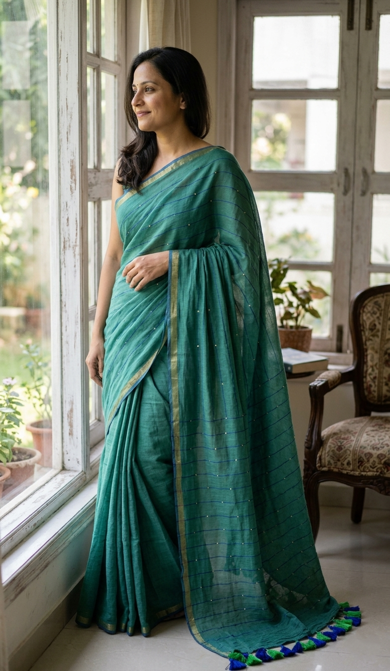 Mul Cotton Teal Green Line Buti Saree