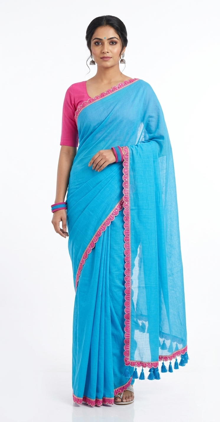 Mul Cotton Sky Blue Saree