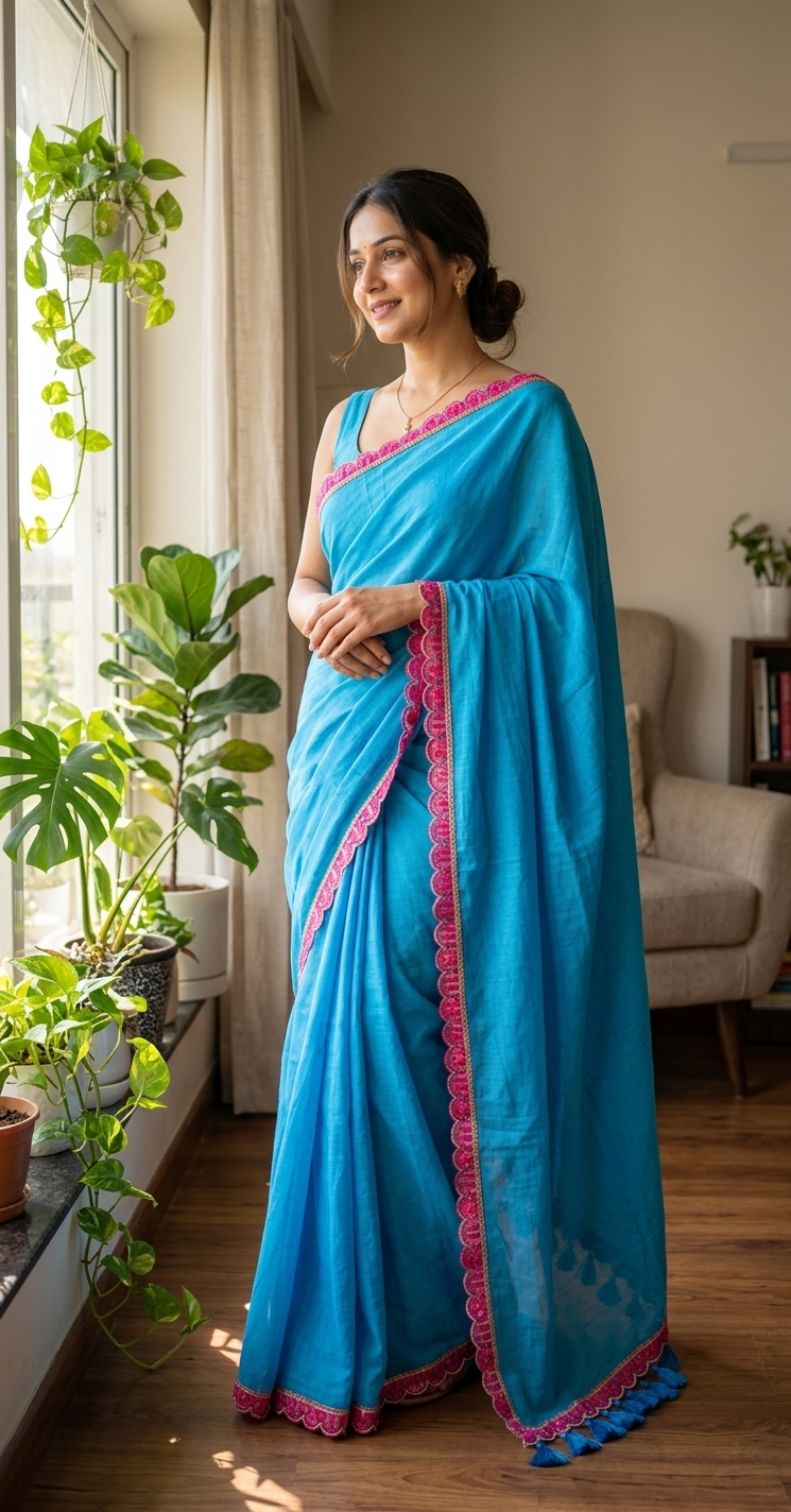 Mul Cotton Sky Blue Saree