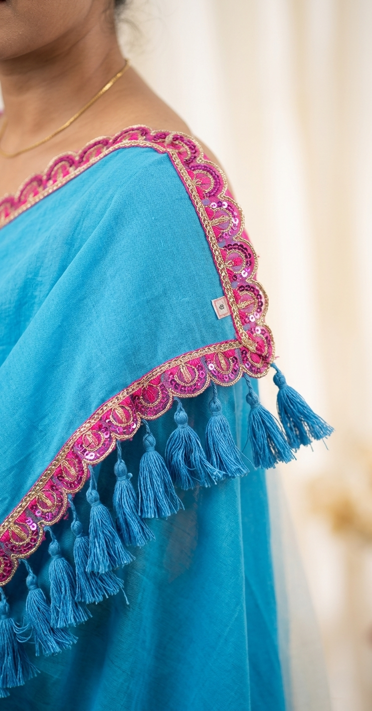 Mul Cotton Sky Blue Saree
