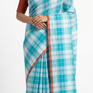 Mul Cotton Teal Checked Saree