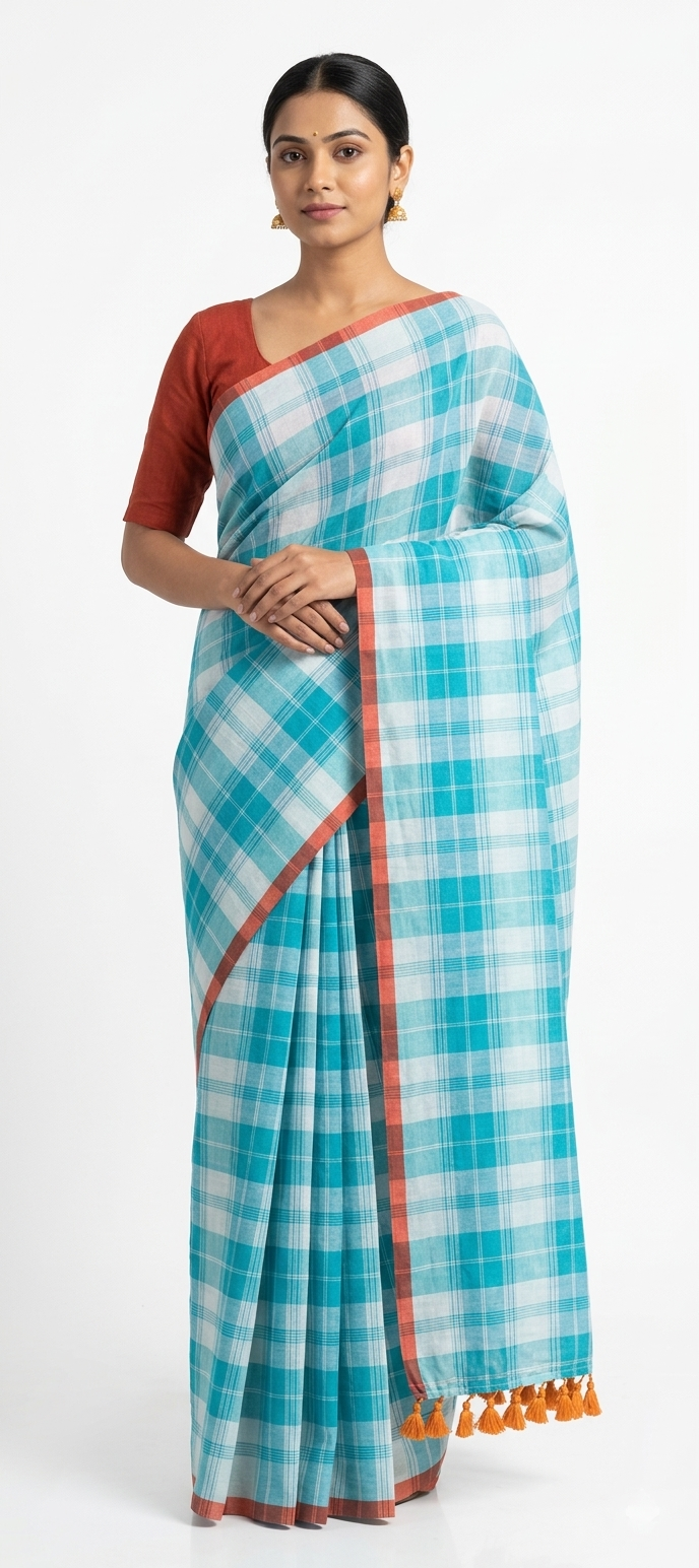 Mul Cotton Teal Checked Saree