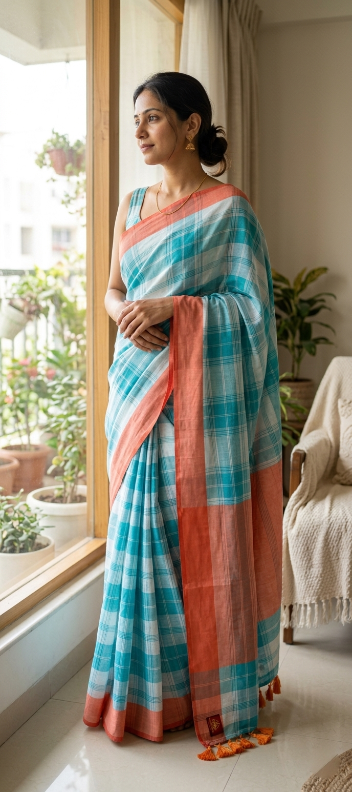 Mul Cotton Teal Checked Saree