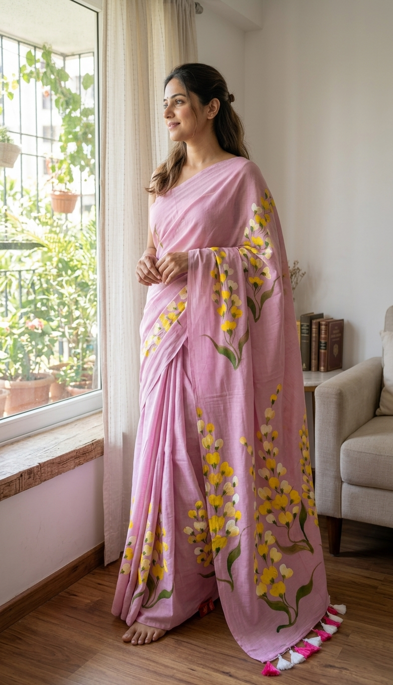 Mul Cotton Pink Floral Saree