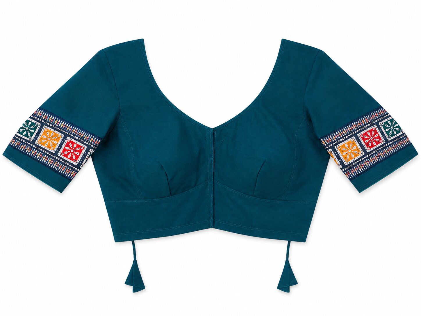 Teal Cotton Blouse with Geometric Sleeve Border & Tassel Ties - Image 6