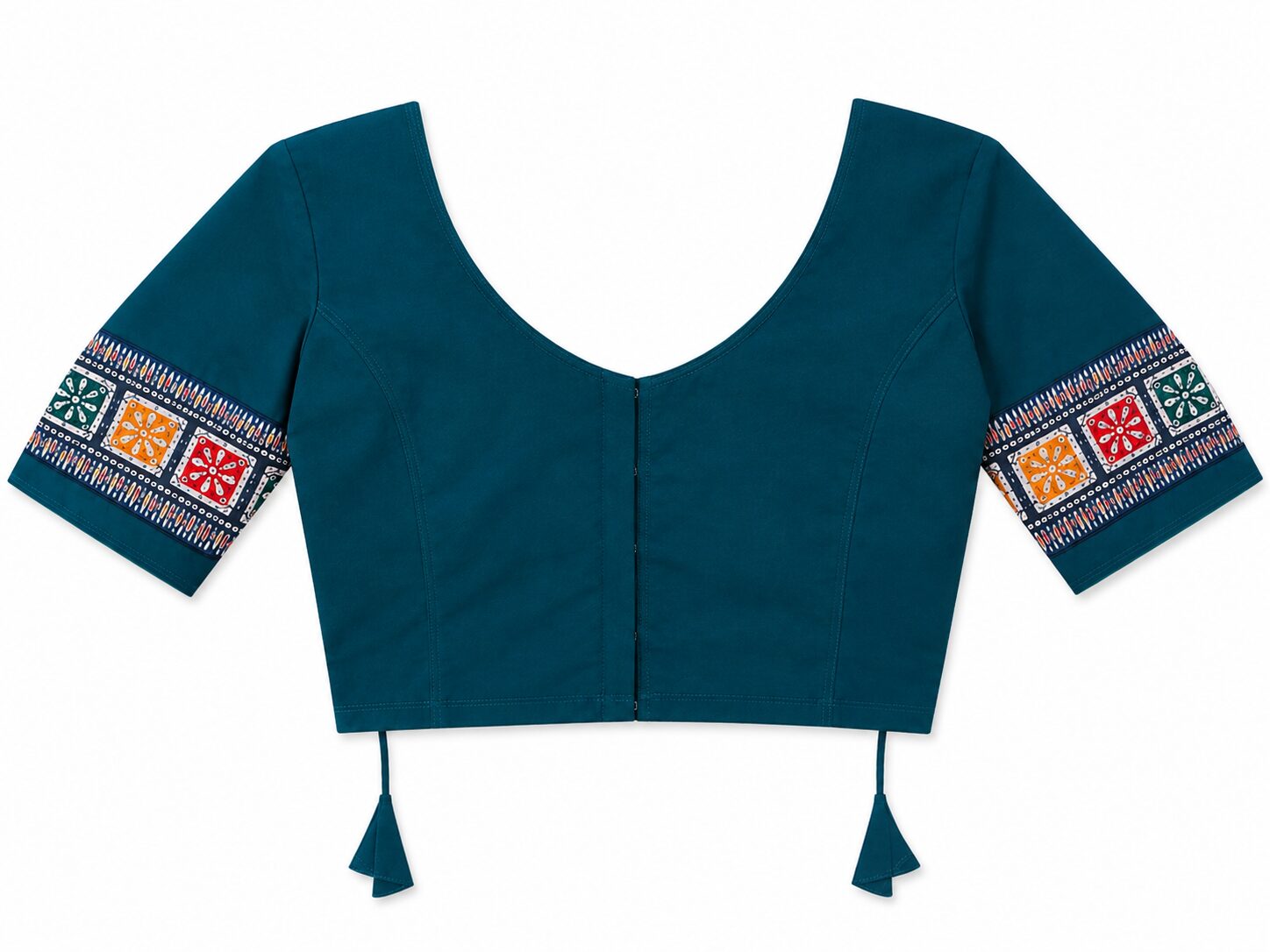 Teal Cotton Blouse with Geometric Sleeve Border & Tassel Ties - Image 5