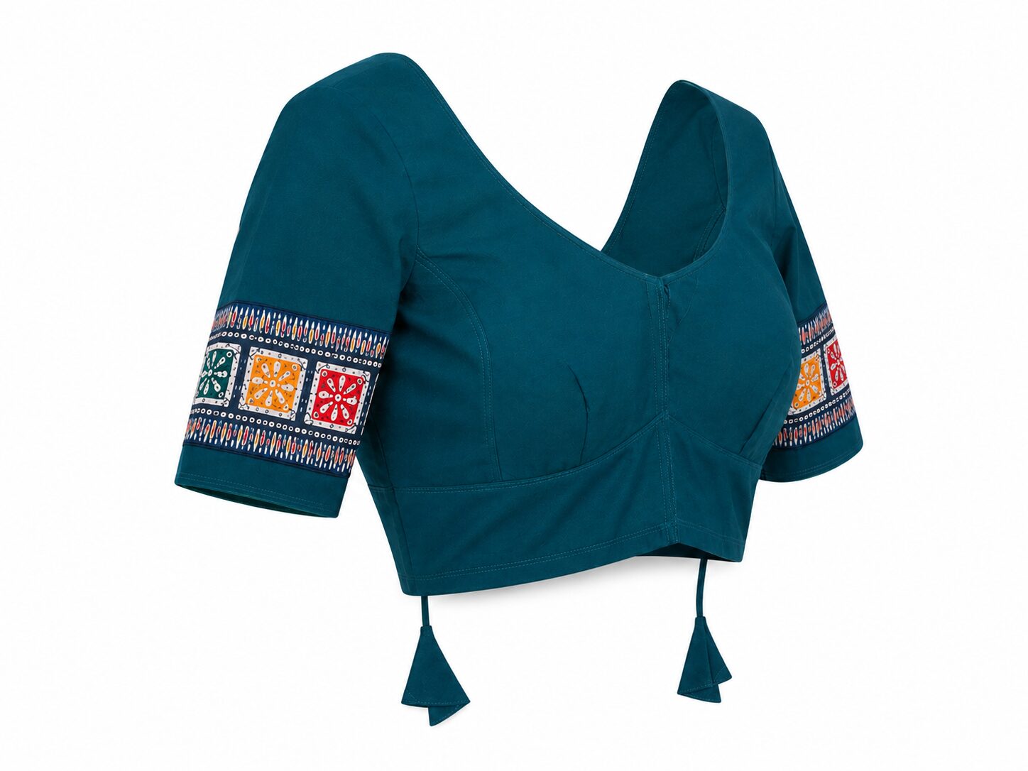 Teal Cotton Blouse with Geometric Sleeve Border & Tassel Ties - Image 4