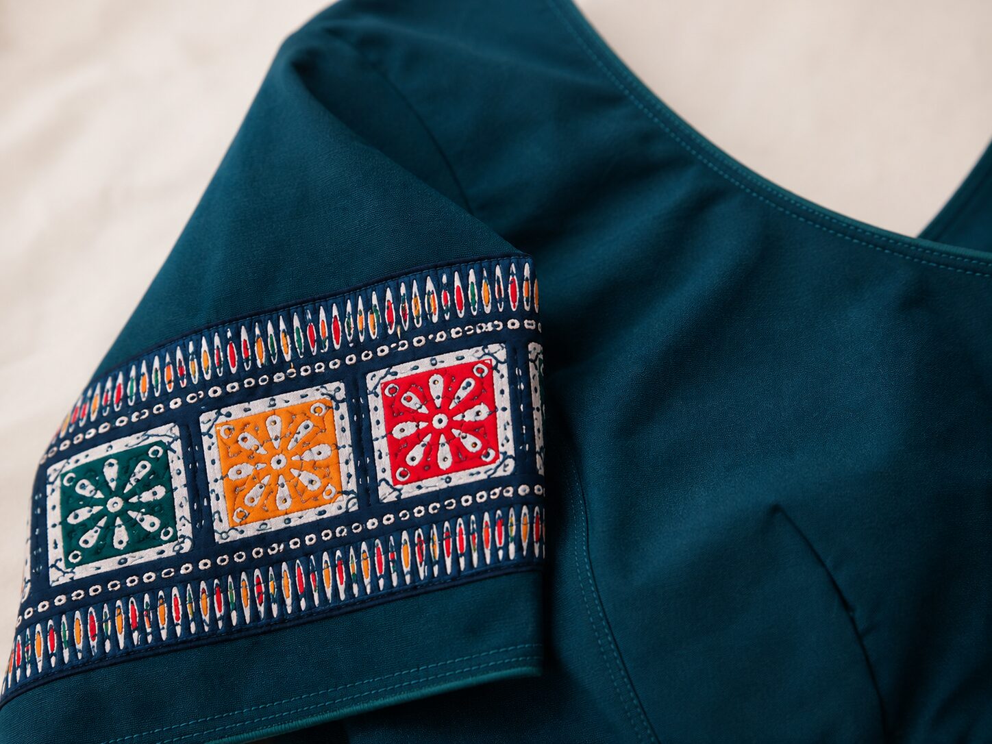 Teal Cotton Blouse with Geometric Sleeve Border & Tassel Ties - Image 3