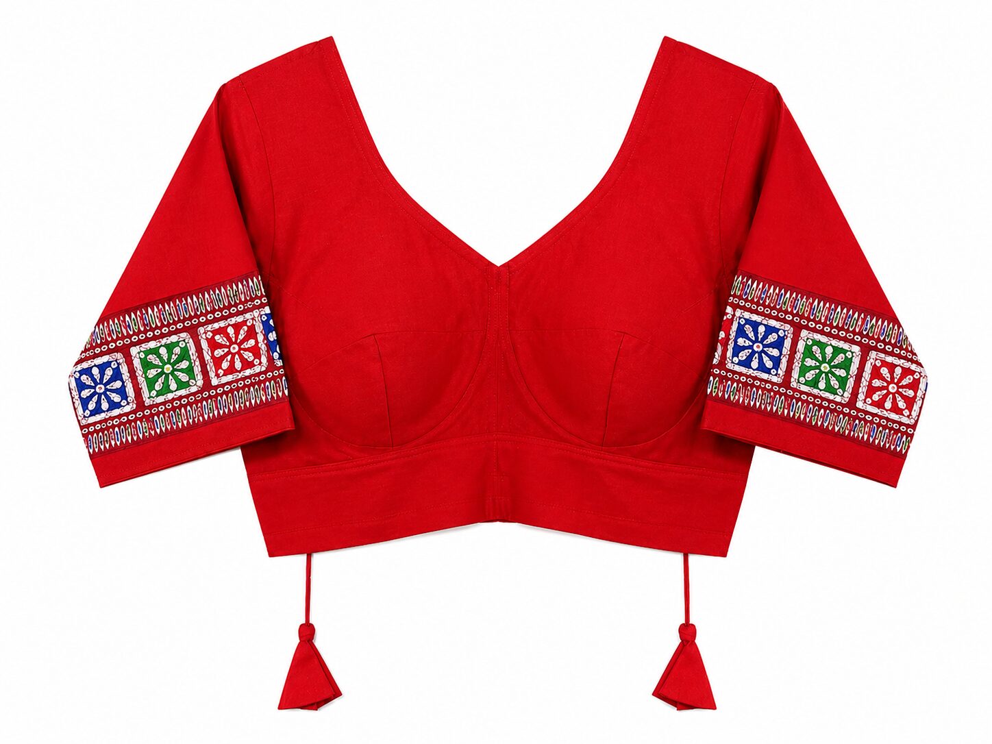 Red Cotton Blouse with Multicolour Embroidered Sleeves - Image 6