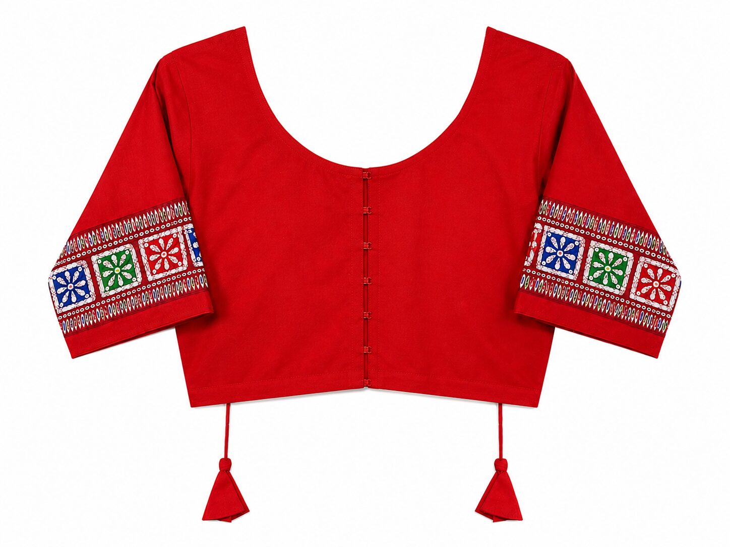Red Cotton Blouse with Multicolour Embroidered Sleeves - Image 5
