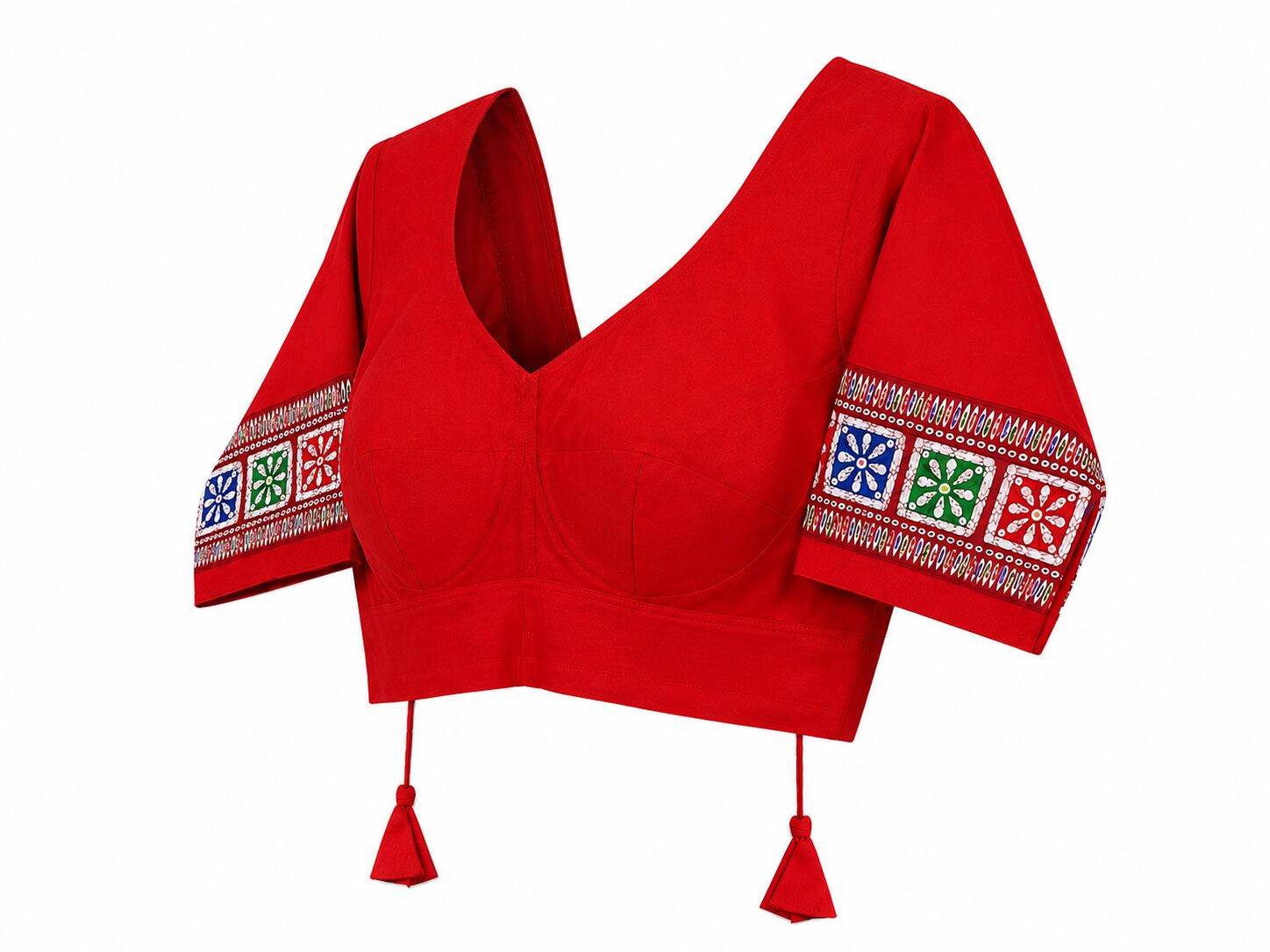Red Cotton Blouse with Multicolour Embroidered Sleeves - Image 4