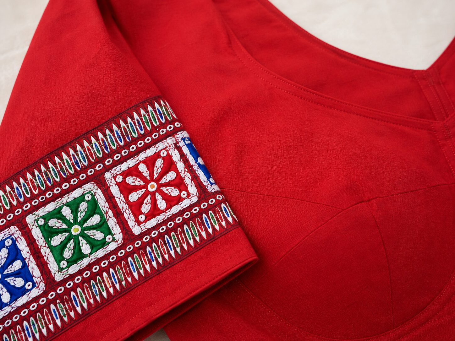 Red Cotton Blouse with Multicolour Embroidered Sleeves - Image 3