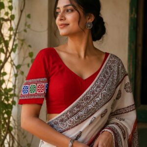 Red Cotton Blouse with Multicolour Embroidered Sleeves