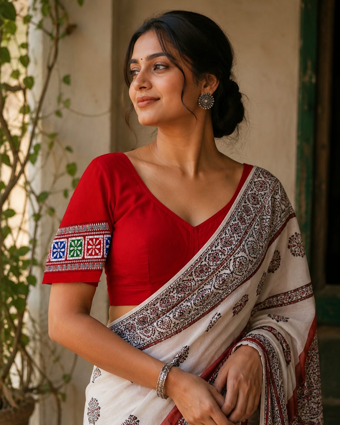Red Cotton Blouse with Multicolour Embroidered Sleeves
