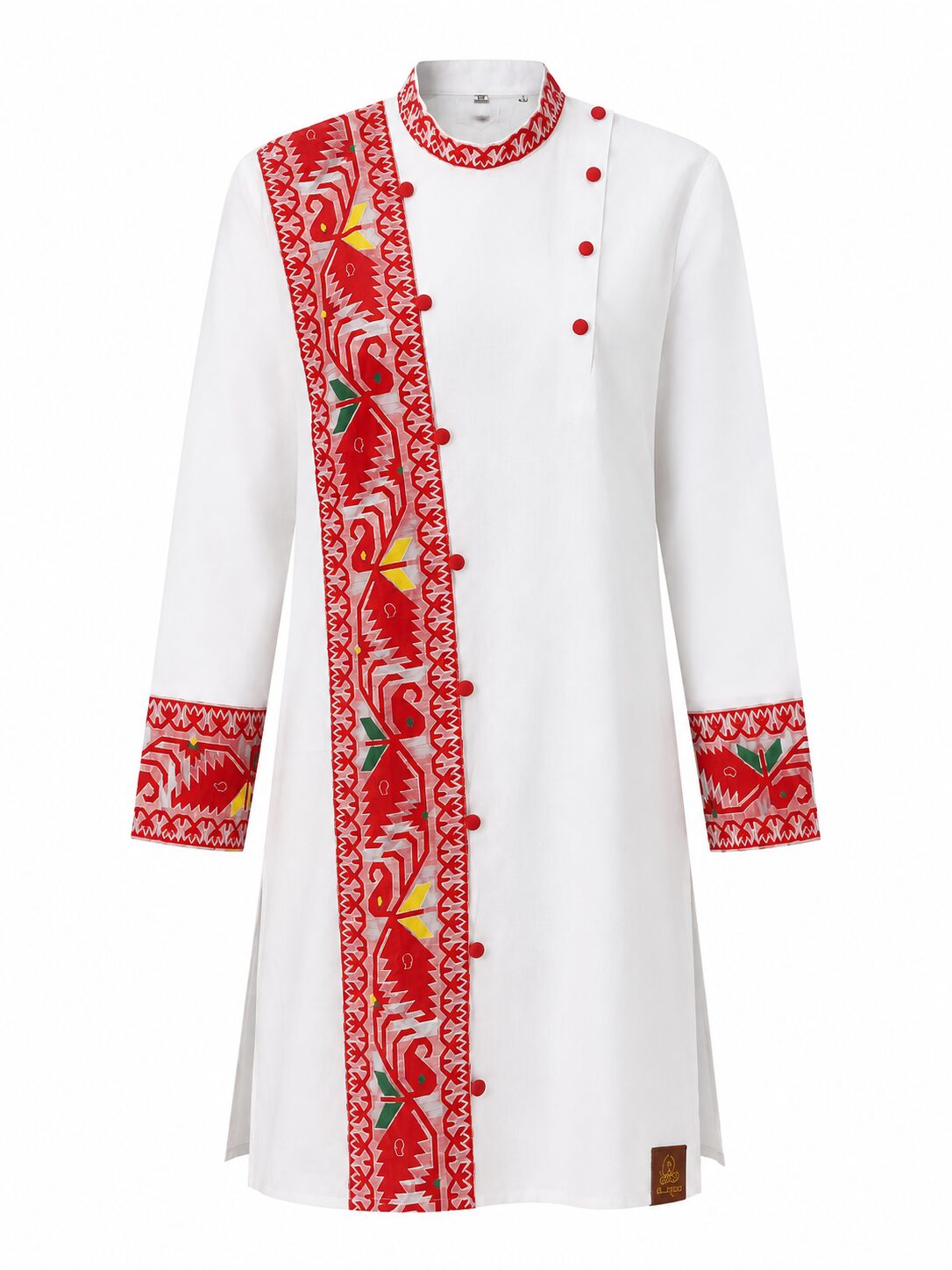 White Cotton Kurta with Red Folk-Inspired Print & Contrast Cuffs - Image 7