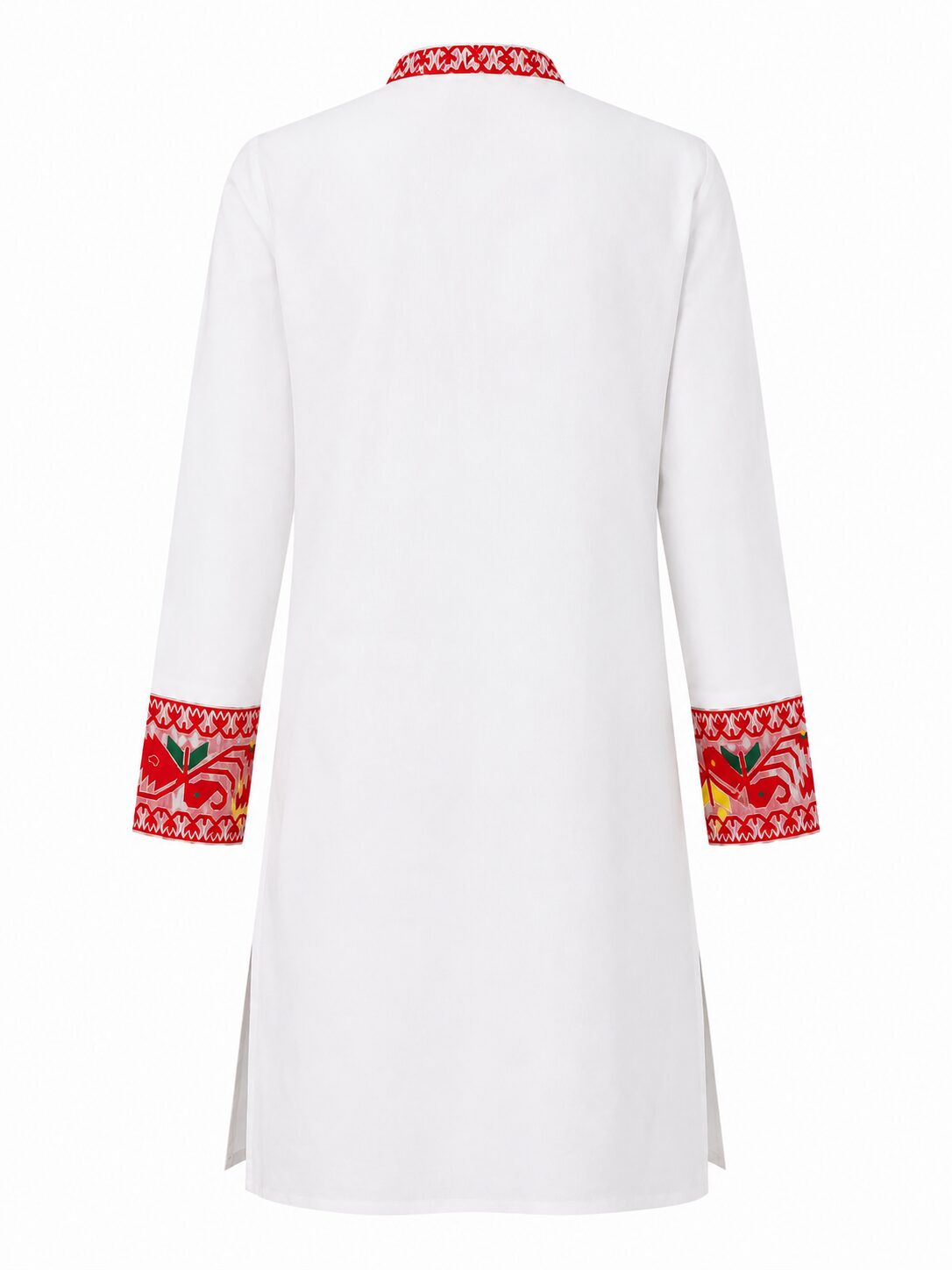 White Cotton Kurta with Red Folk-Inspired Print & Contrast Cuffs - Image 6