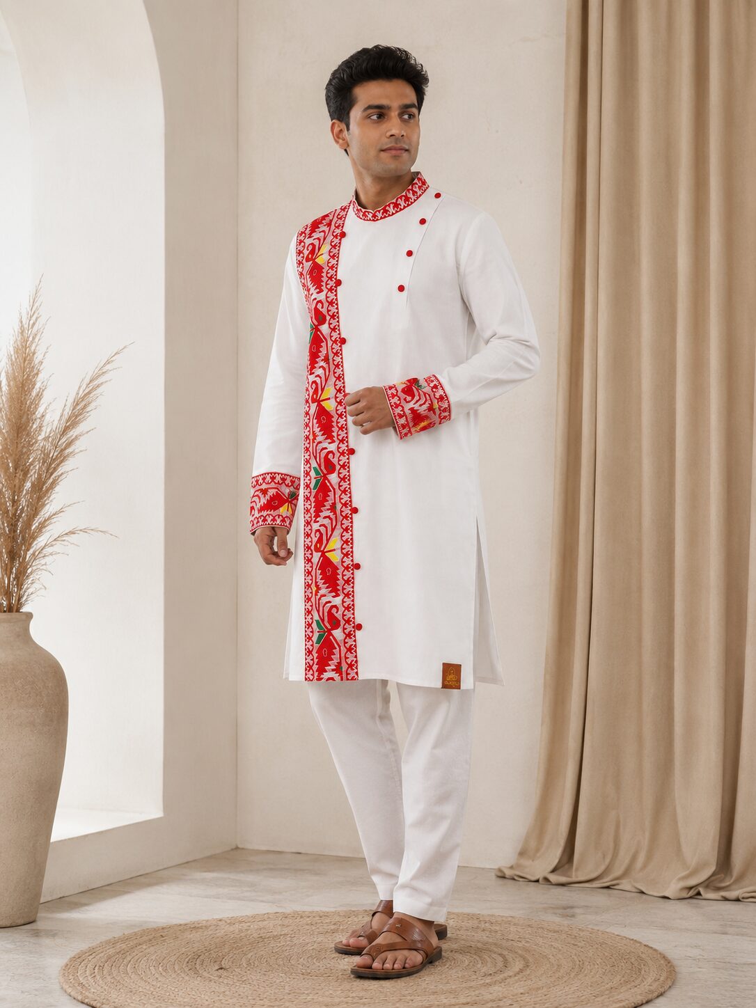 White Cotton Kurta with Red Folk-Inspired Print & Contrast Cuffs - Image 4