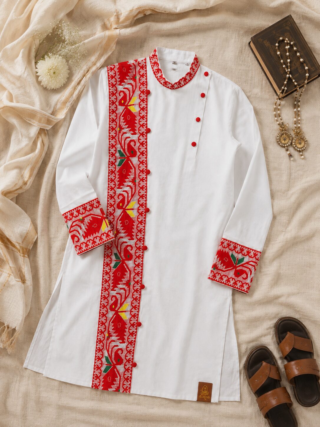 White Cotton Kurta with Red Folk-Inspired Print & Contrast Cuffs - Image 3