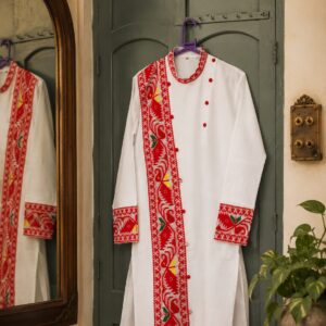 White Cotton Kurta with Red Folk-Inspired Print & Contrast Cuffs