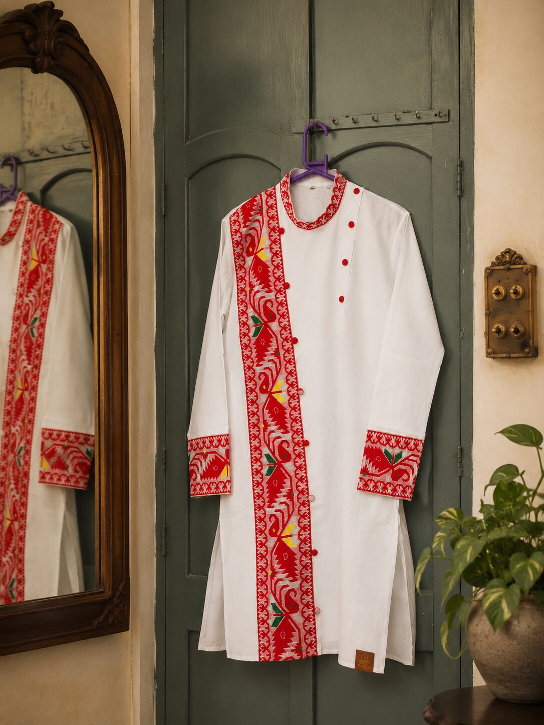 White Cotton Kurta with Red Folk-Inspired Print & Contrast Cuffs