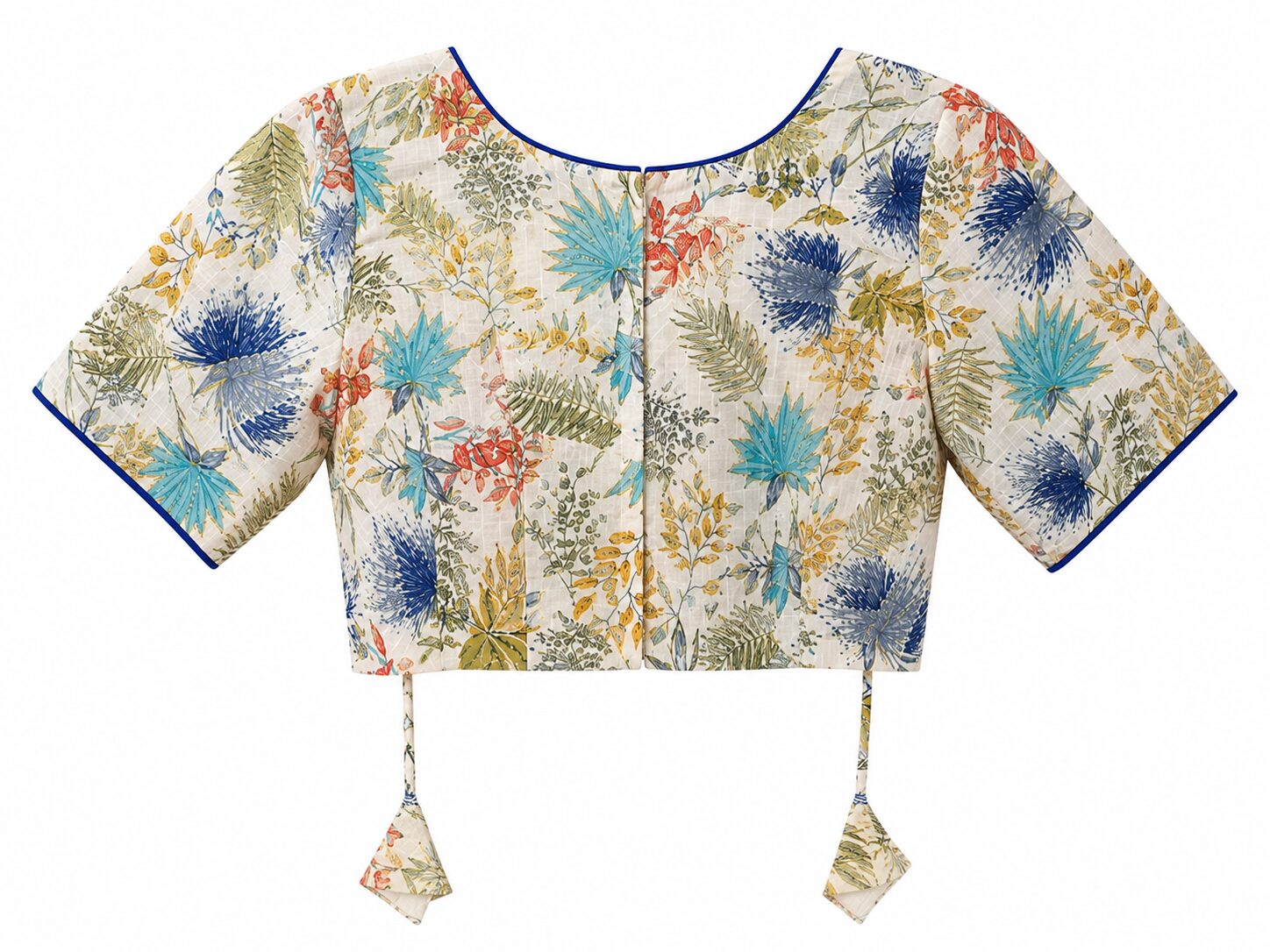 Cream Cotton Floral Blouse with Blue Piping - Image 5