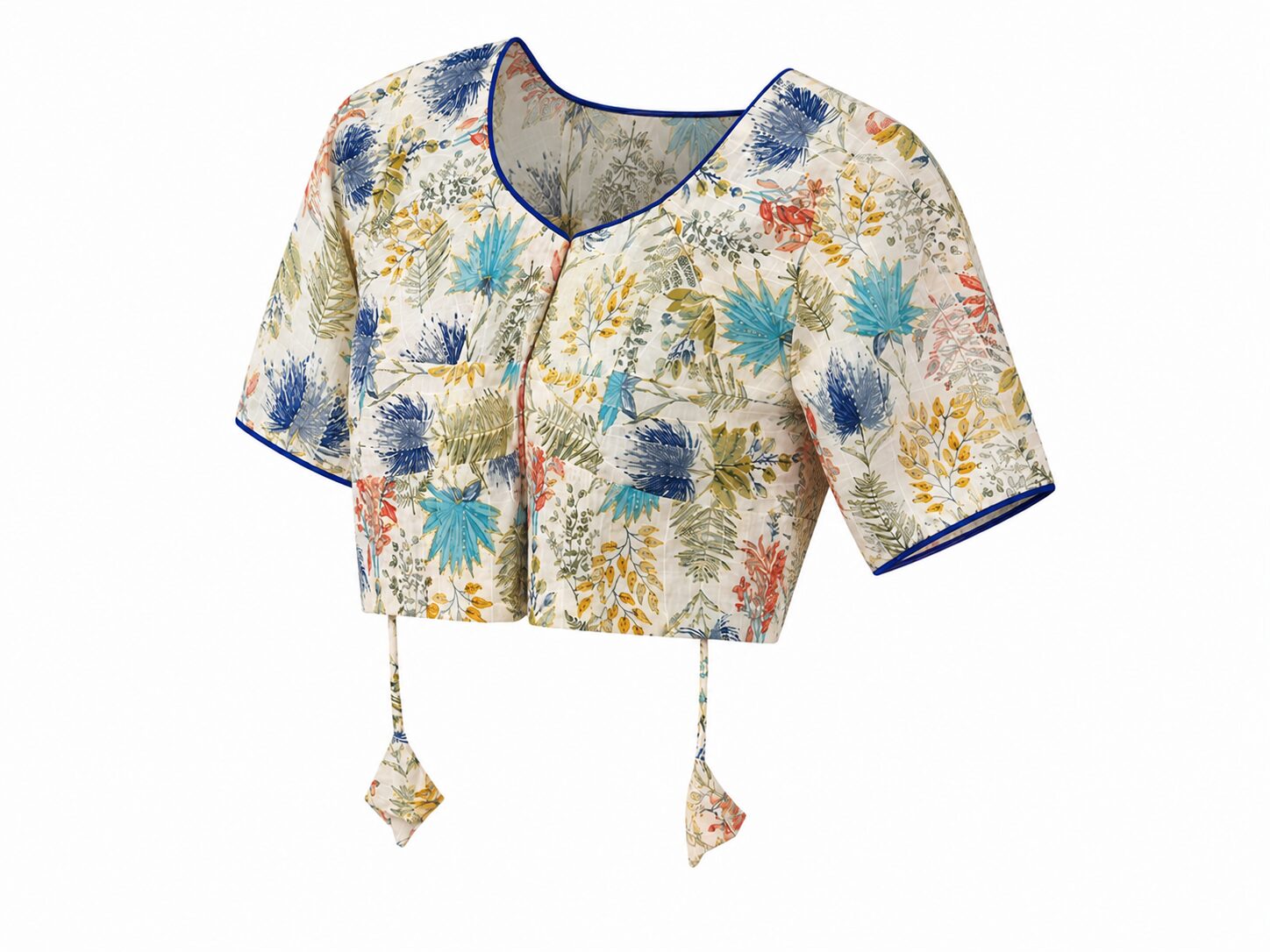 Cream Cotton Floral Blouse with Blue Piping - Image 4