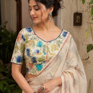 Cream Cotton Floral Blouse with Blue Piping