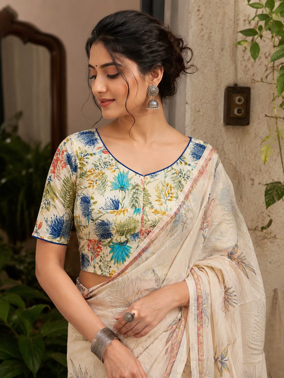 Cream Cotton Floral Blouse with Blue Piping