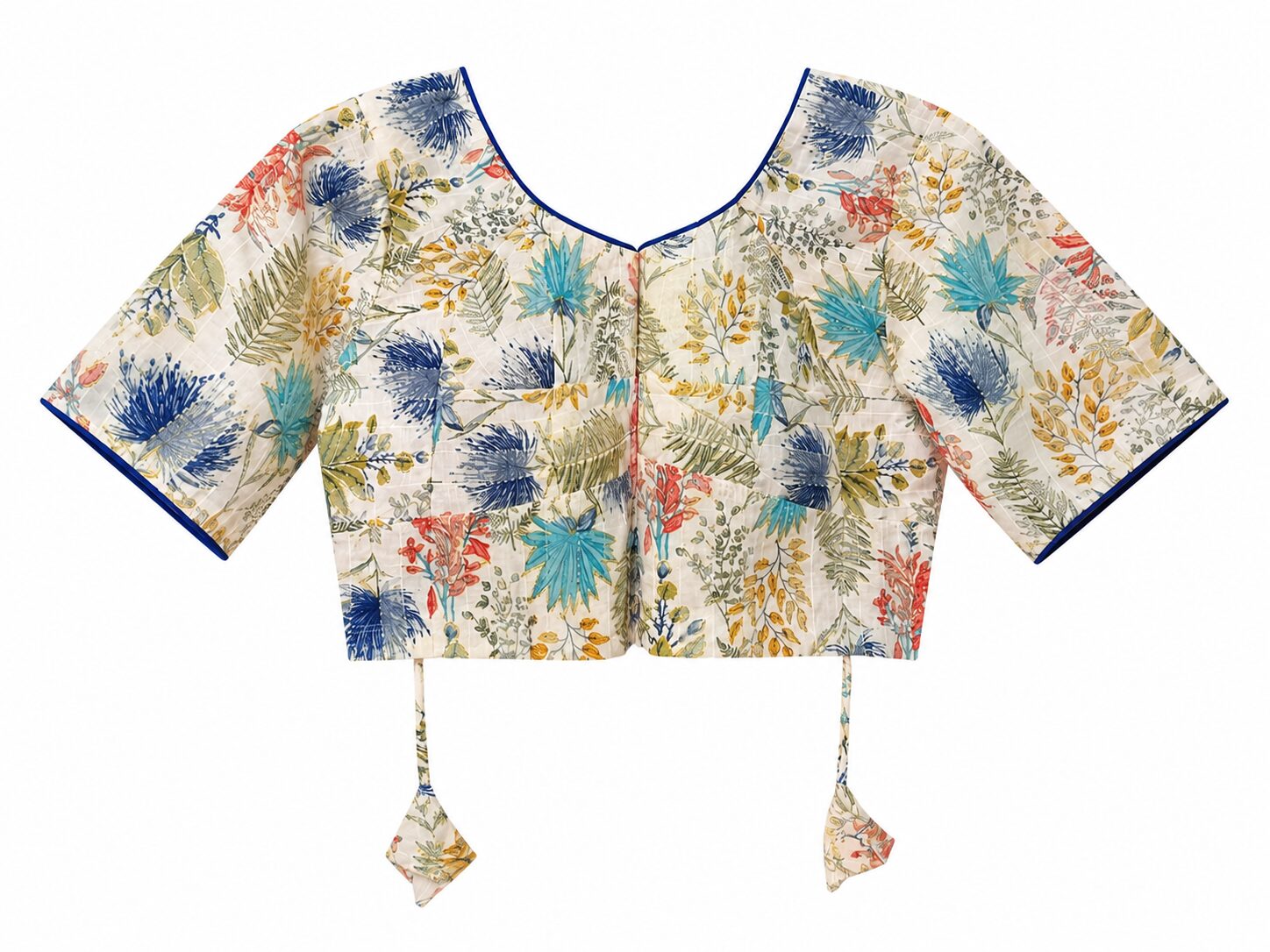 Cream Cotton Floral Blouse with Blue Piping - Image 6
