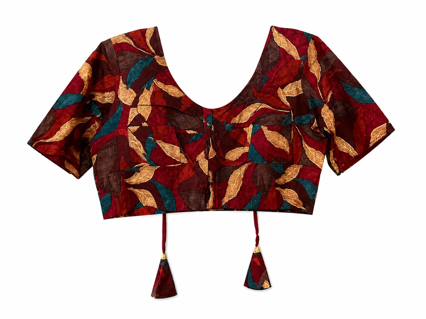 Maroon Cotton Printed Blouse with Leaf Motifs & Tassel Ties - Image 7