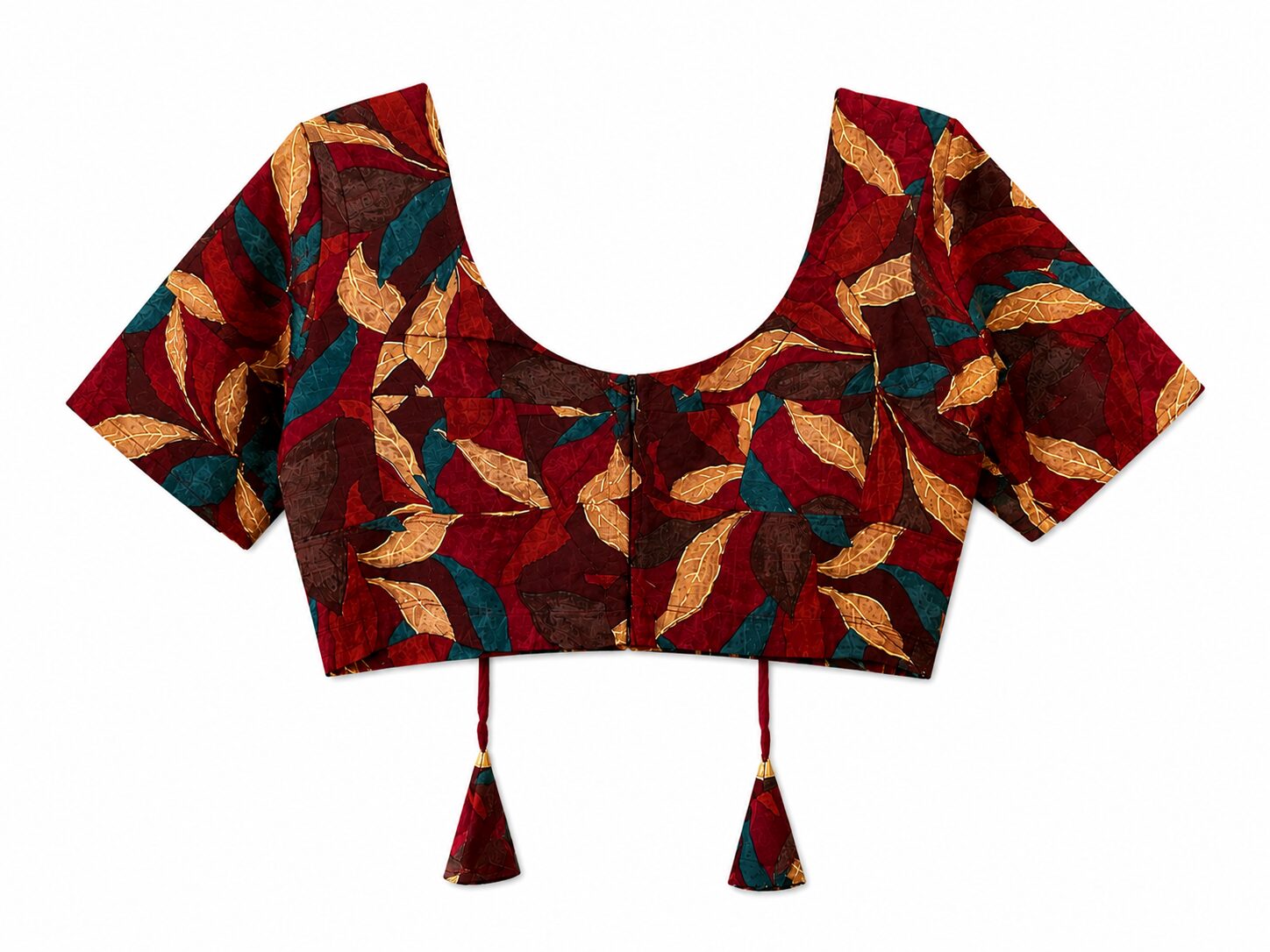 Maroon Cotton Printed Blouse with Leaf Motifs & Tassel Ties - Image 6