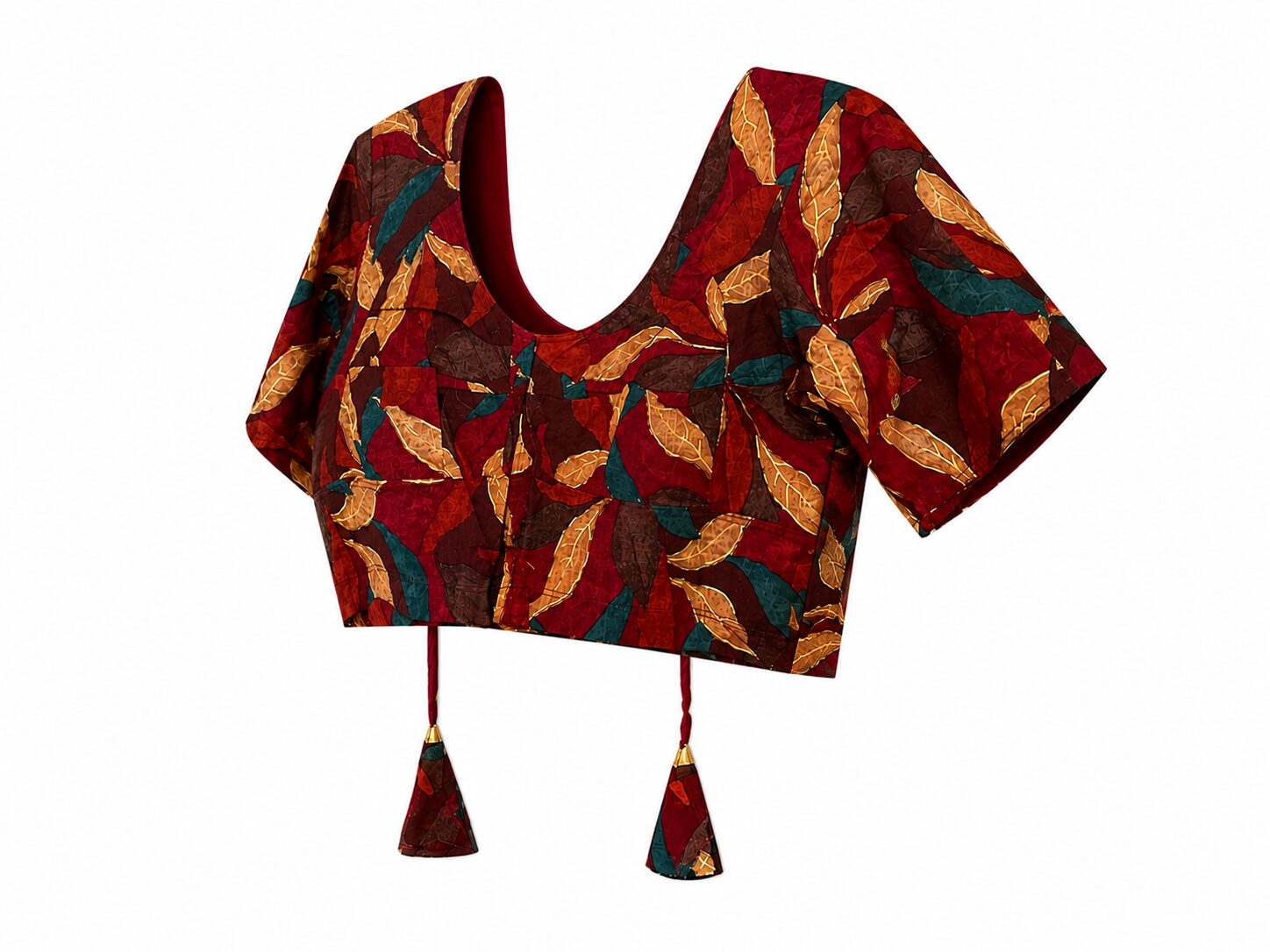 Maroon Cotton Printed Blouse with Leaf Motifs & Tassel Ties - Image 5