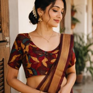 Maroon Cotton Printed Blouse with Leaf Motifs & Tassel Ties