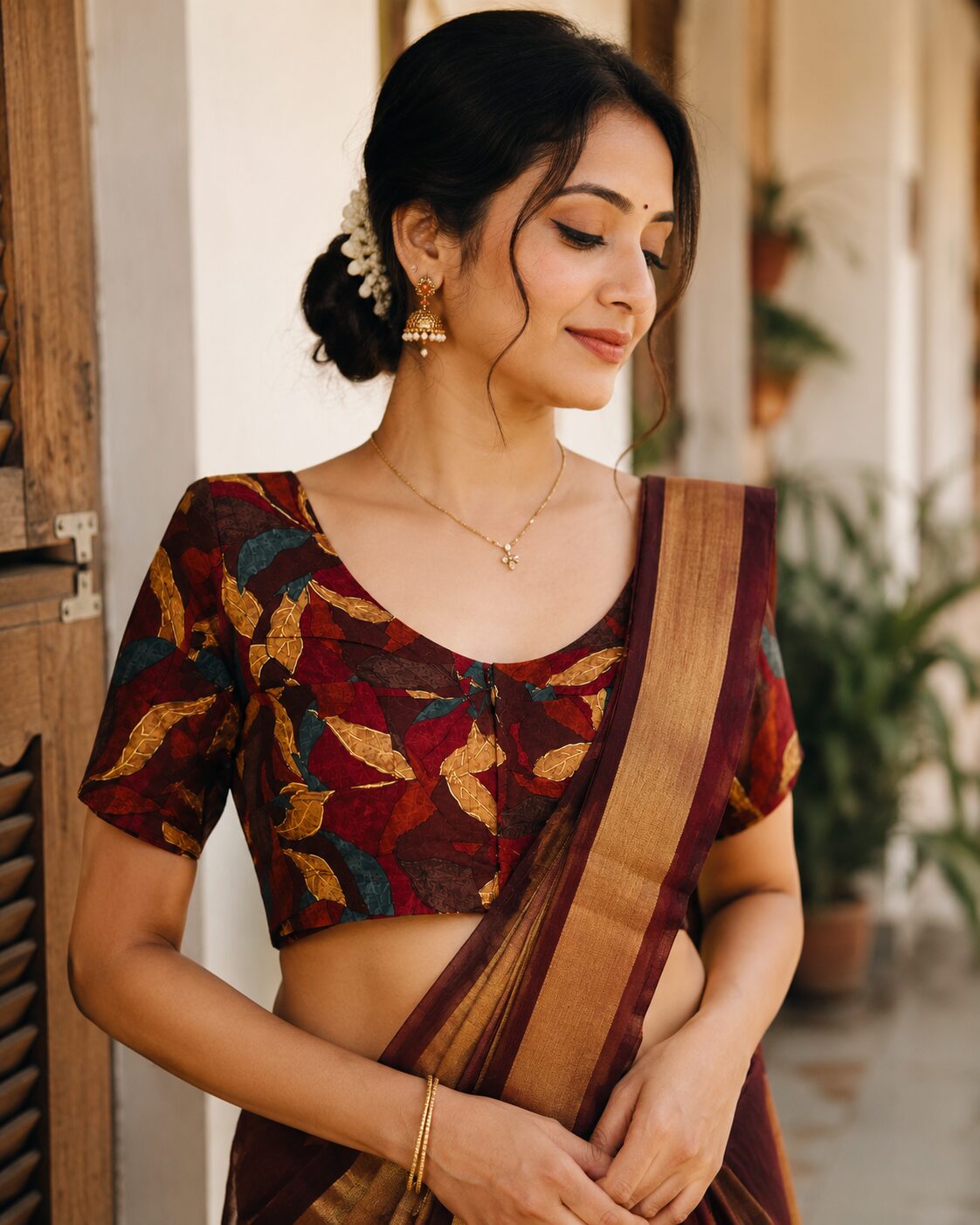 Maroon Cotton Printed Blouse with Leaf Motifs & Tassel Ties