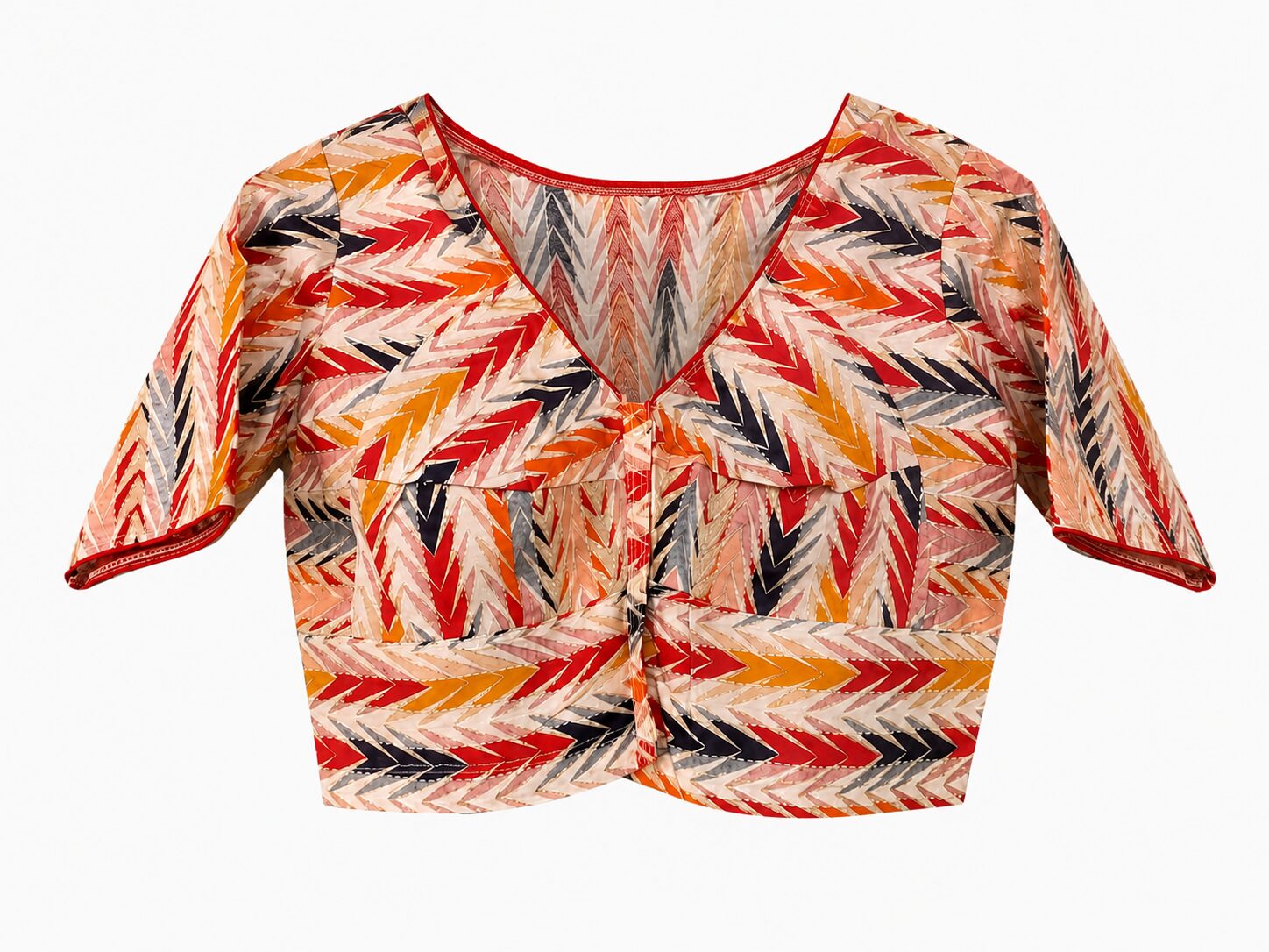 Multicolour Cotton Blouse with Chevron Print & Red Piping - Image 6