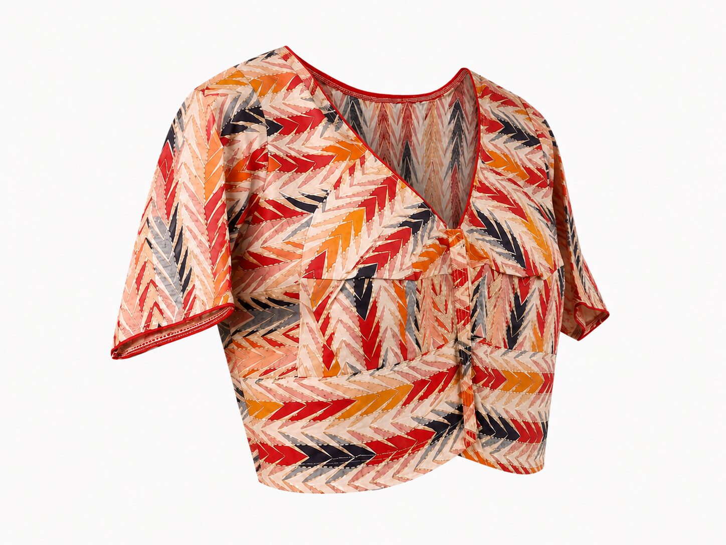 Multicolour Cotton Blouse with Chevron Print & Red Piping - Image 4