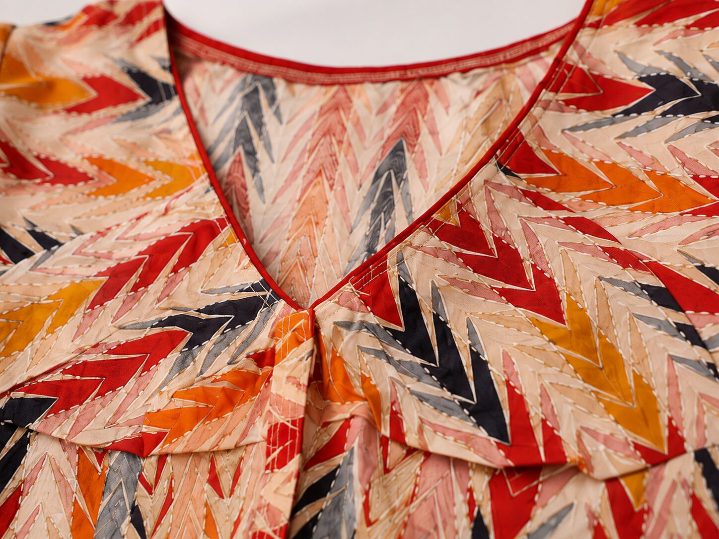Multicolour Cotton Blouse with Chevron Print & Red Piping - Image 3